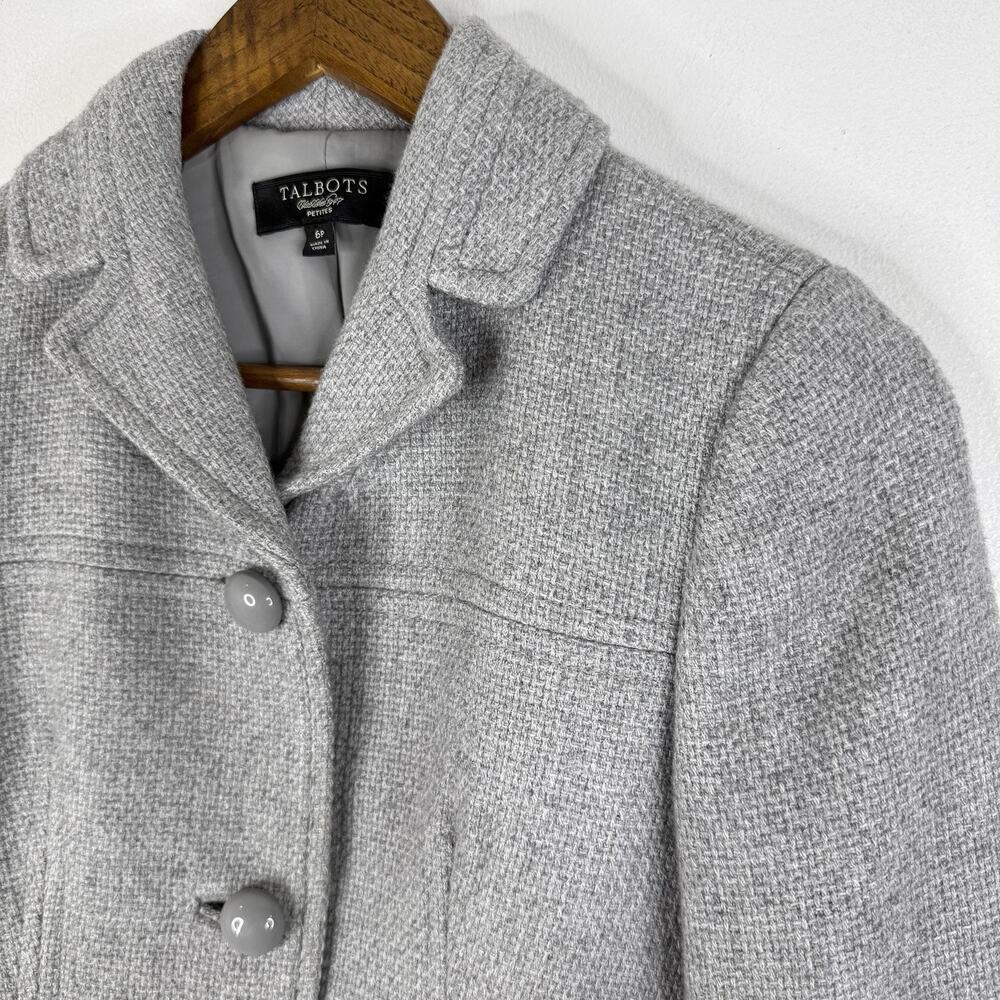 Talbots Blazer 6P Gray Buttons Wool Acrylic Tweed Short Jacket Career Womens